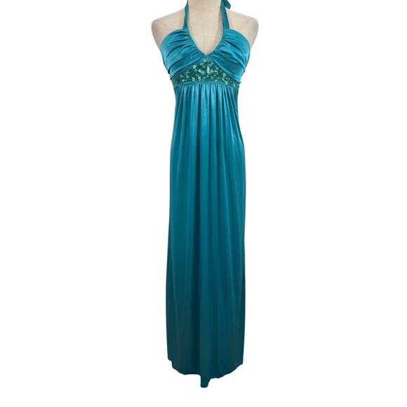 Y2K City Triangles Dress Turquoise Blue Halter Maxi Beaded Sequin Empire Waist S - Picture 1 of 7